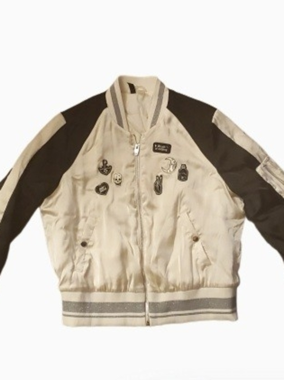 Cream and Black Satin Bomber Jacket with Patches